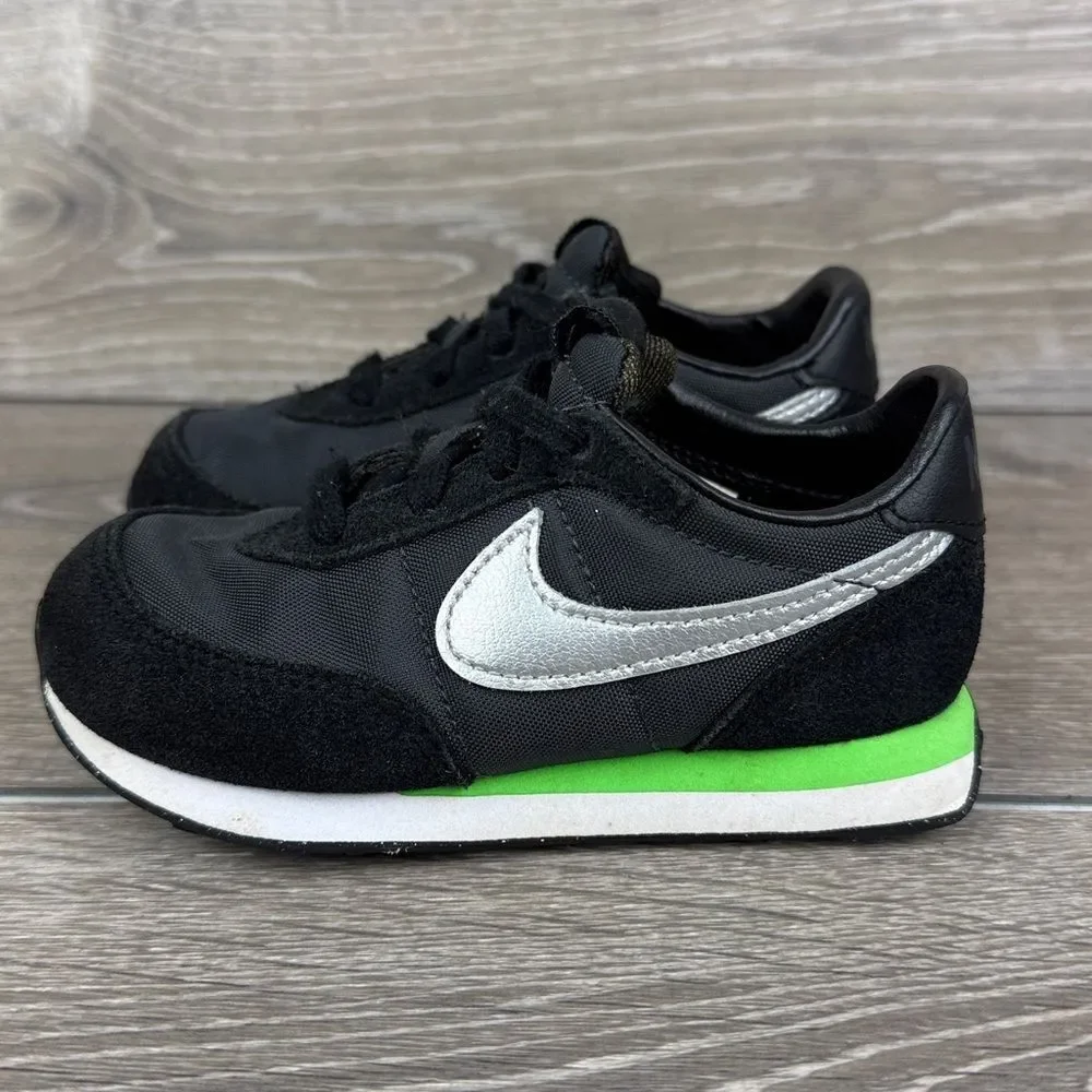 Nike Waffle Trainer 2 Toddler Boy Sz 8 Black Silver Green Low Lace Up Sneakers